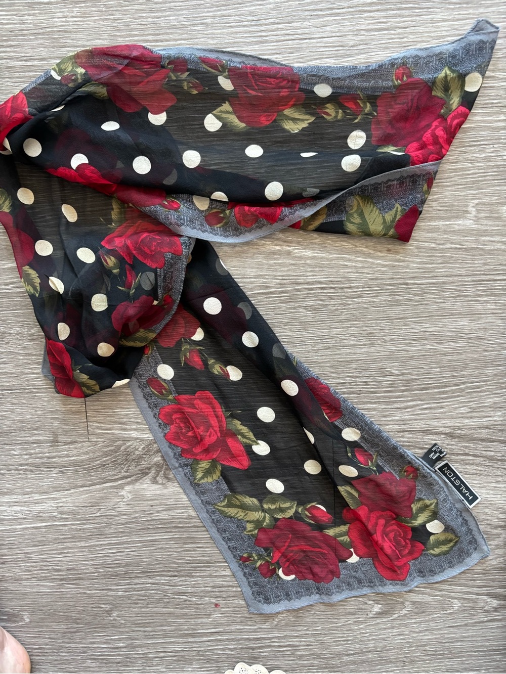 %100 silk Halston Heritage Floral Rose Print Scarf in Red, Green, Gray